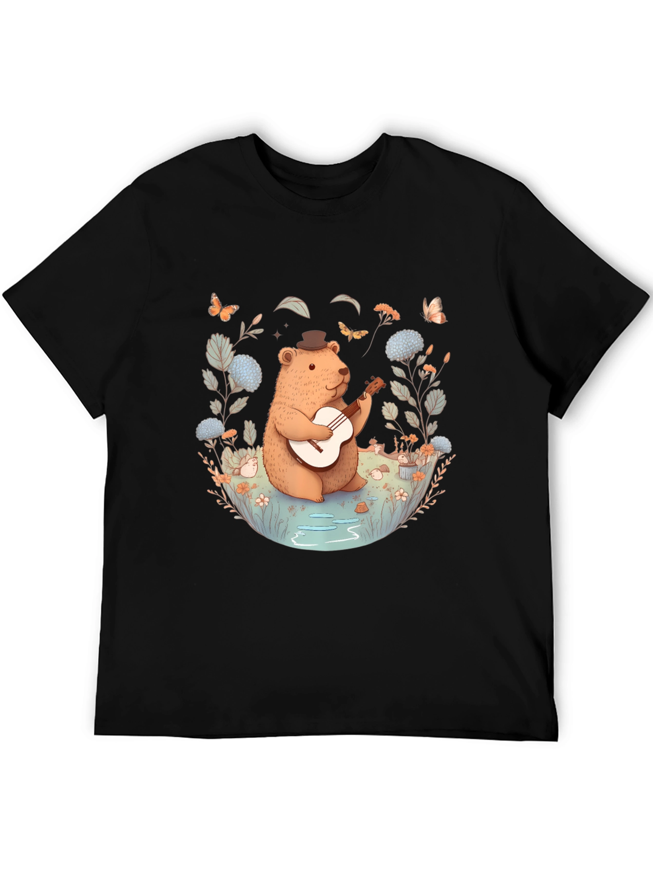 Bear Playing Guitar Graphic Tee - Black