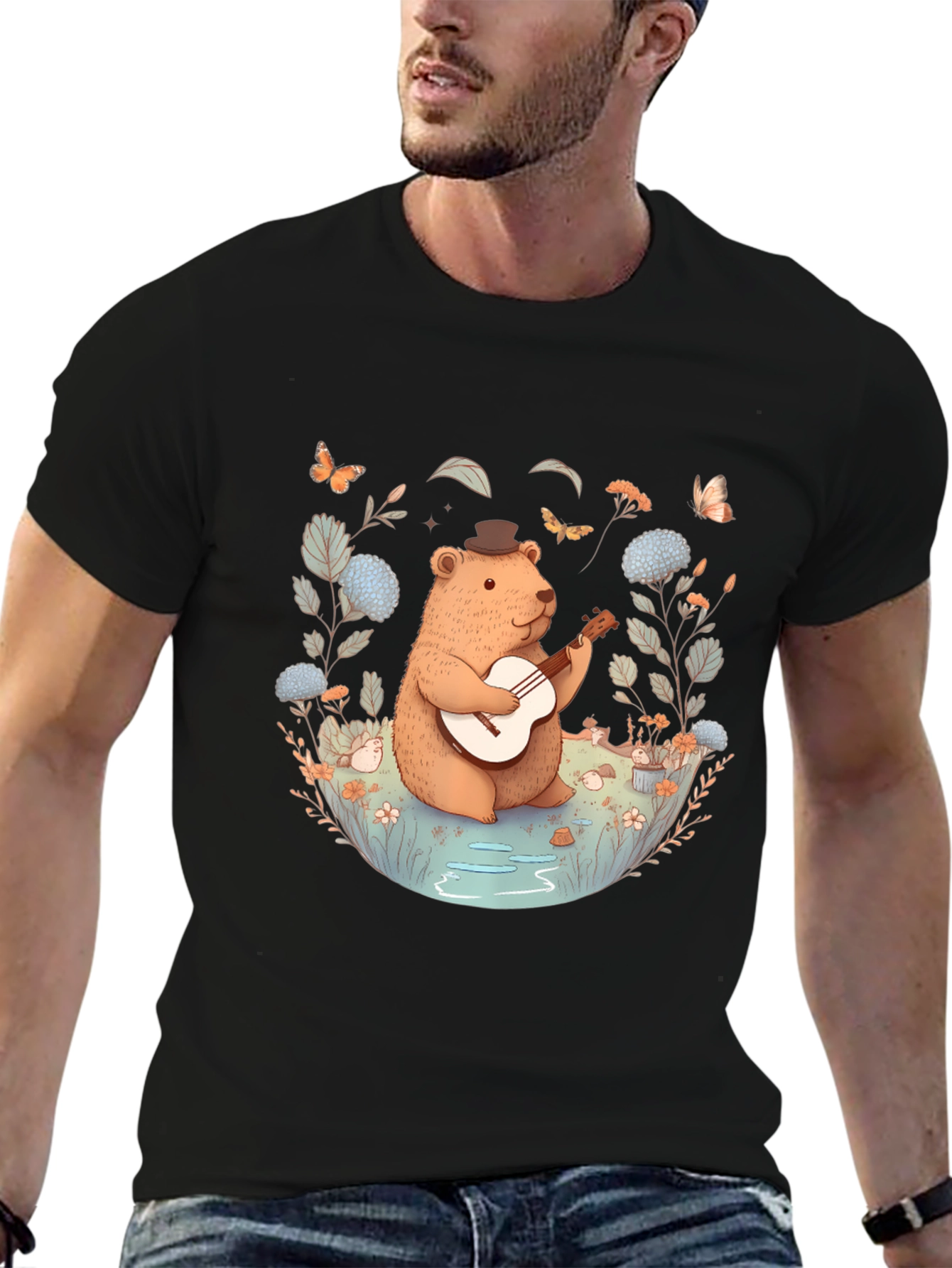 Bear Playing Guitar Graphic Tee - Black
