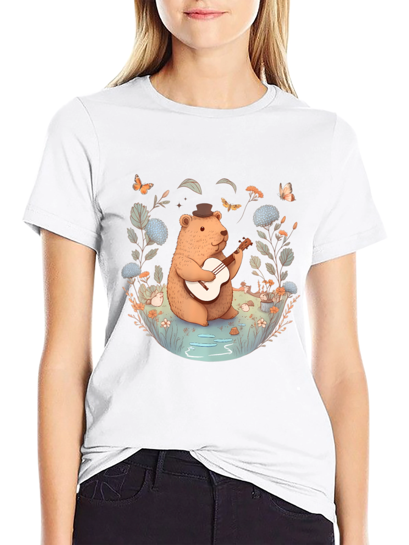 Bear Playing Guitar Graphic Tee - Black