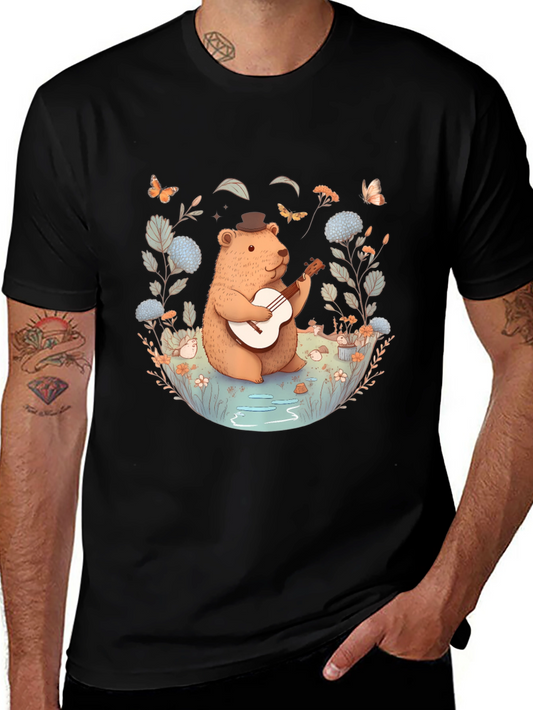 Bear Playing Guitar Graphic Tee - Black