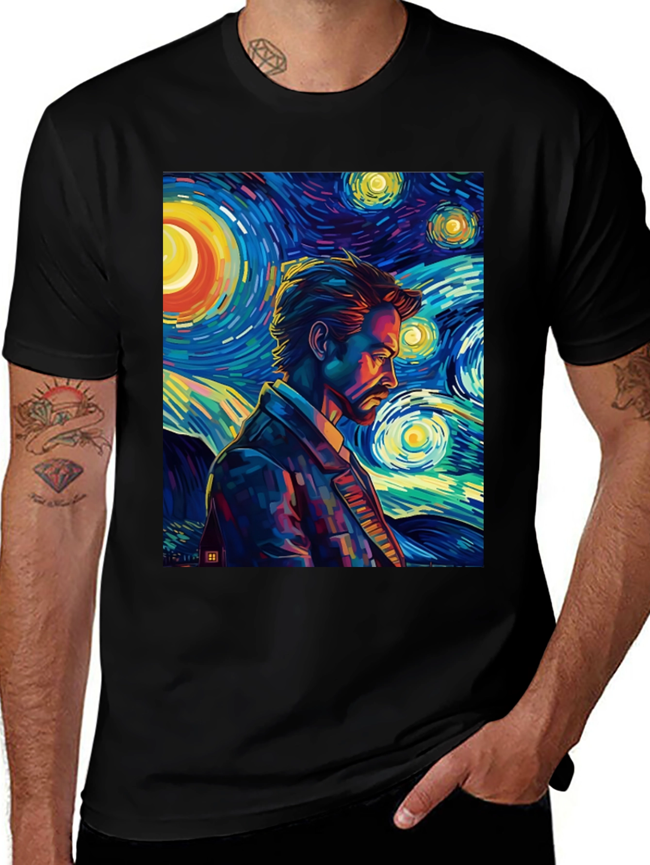 Starry Night Man Graphic Tee - Modern Art T-Shirt