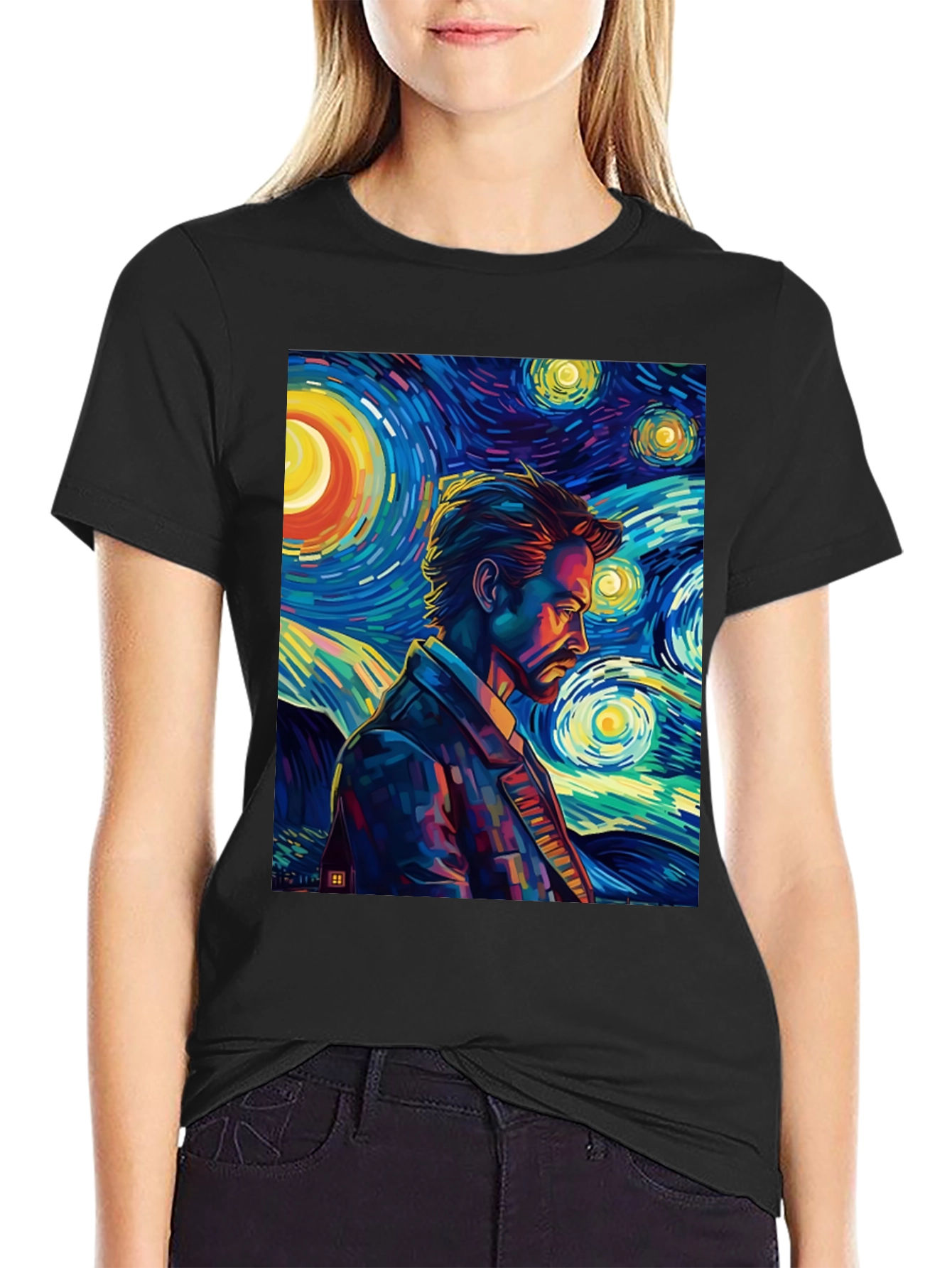Starry Night Man Graphic Tee - Modern Art T-Shirt