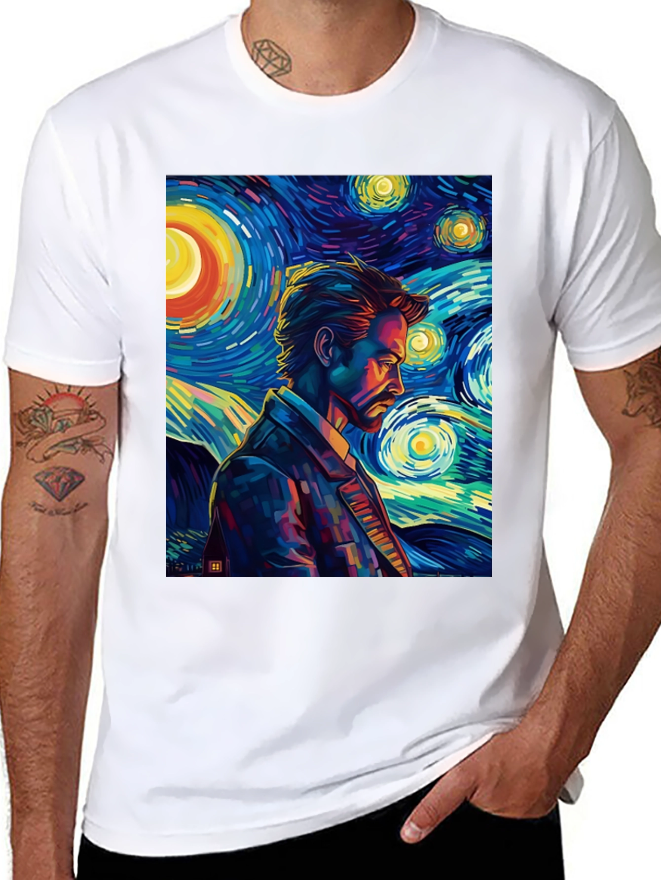 Starry Night Man Graphic Tee - Modern Art T-Shirt
