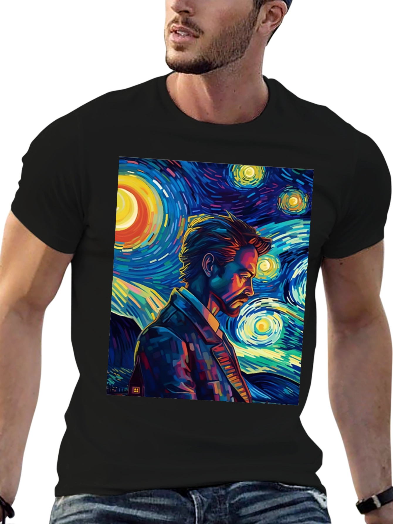 Starry Night Man Graphic Tee - Modern Art T-Shirt