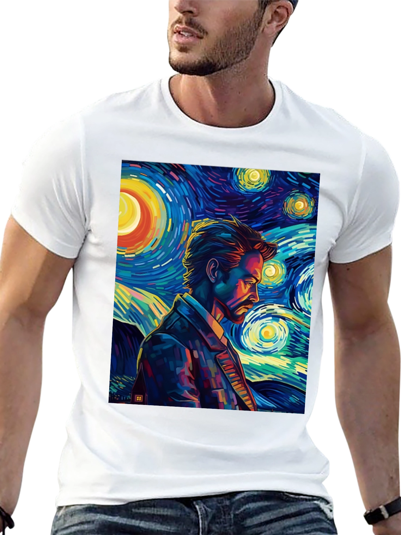 Starry Night Man Graphic Tee - Modern Art T-Shirt