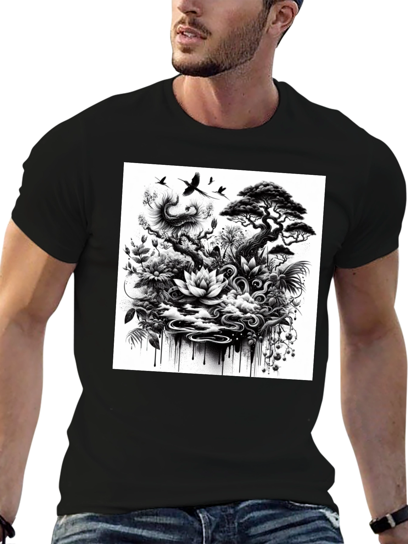 Black T-Shirt with Botanical Art
