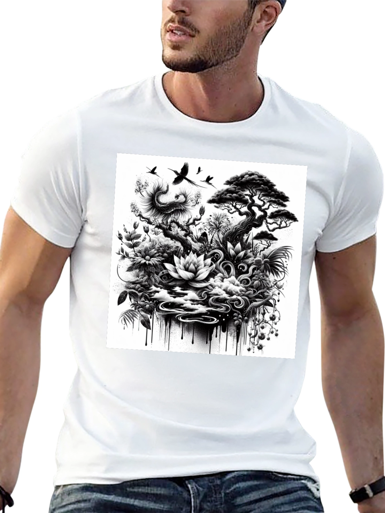 Black T-Shirt with Botanical Art