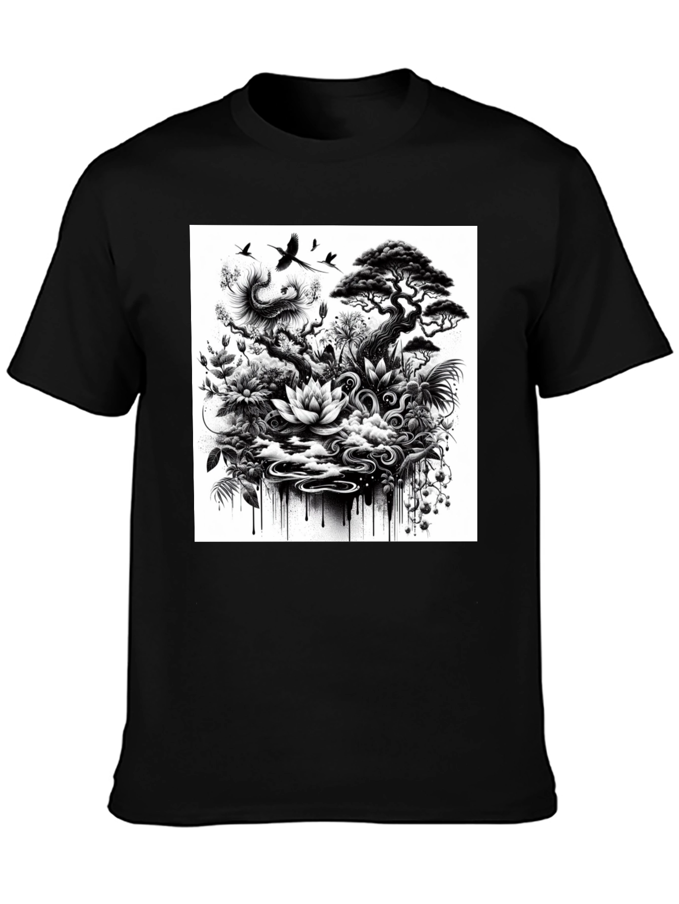 Black T-Shirt with Botanical Art