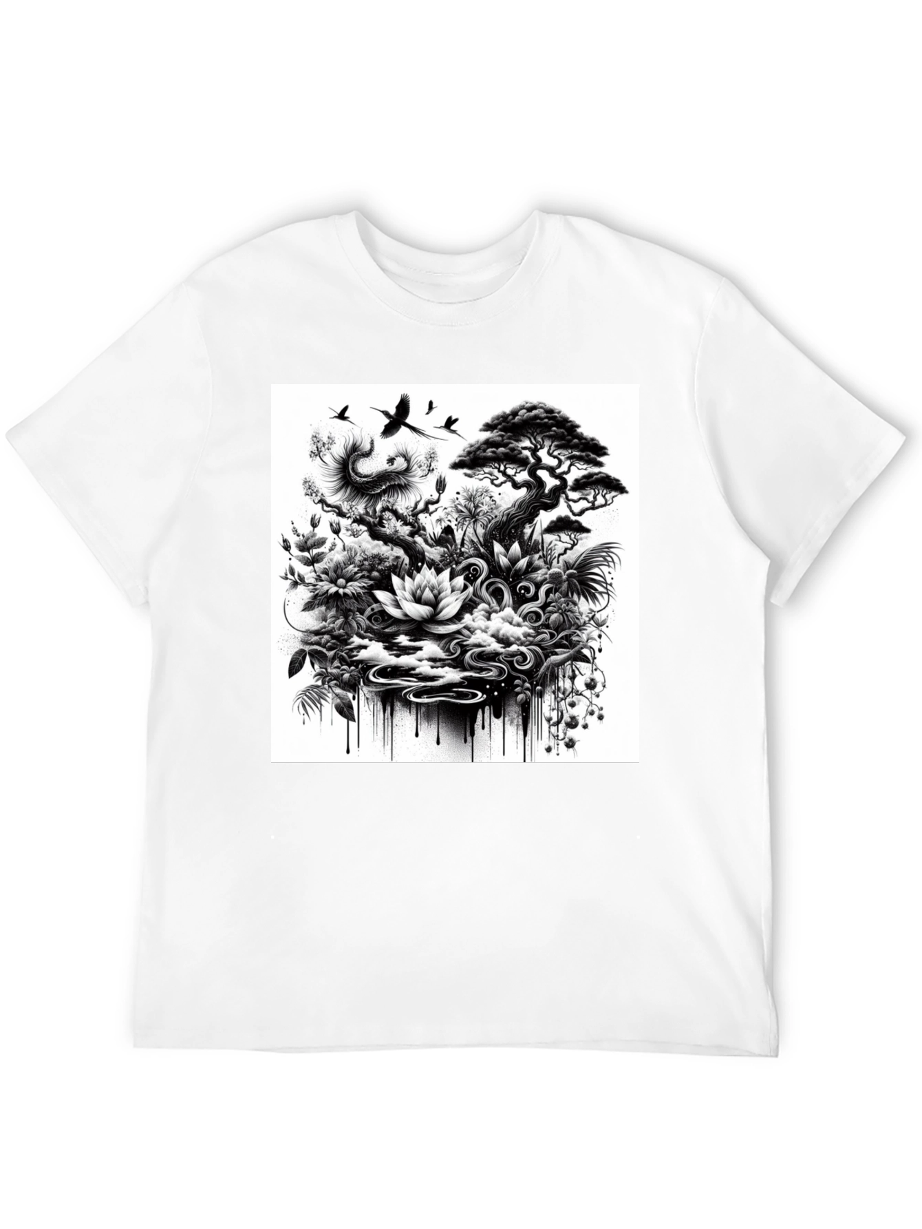 Black T-Shirt with Botanical Art