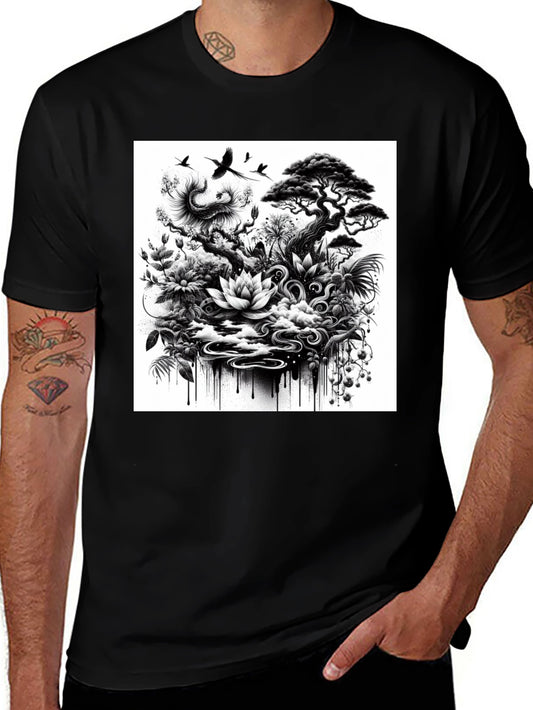 Black T-Shirt with Botanical Art