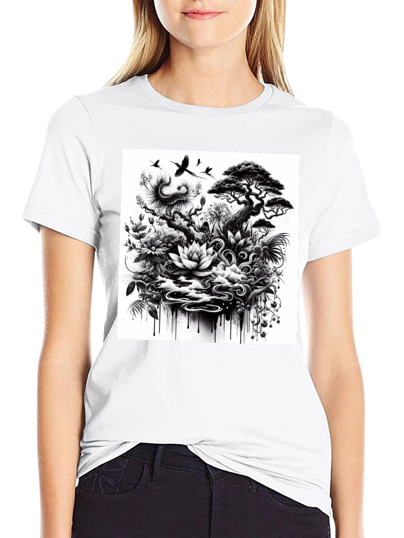 Black T-Shirt with Botanical Art