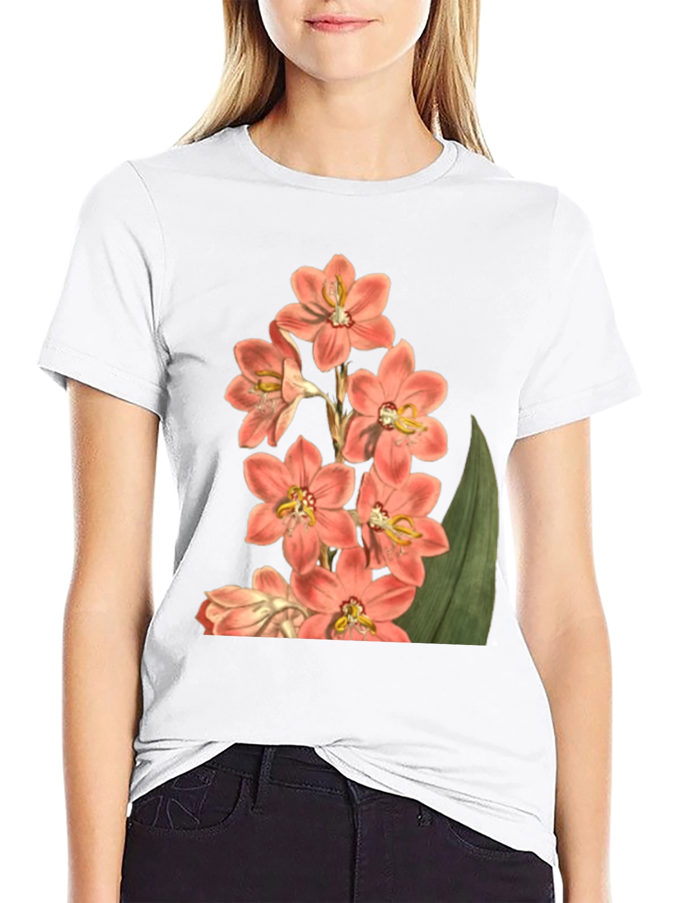 Floral Print T-Shirt - Black Cotton Blend