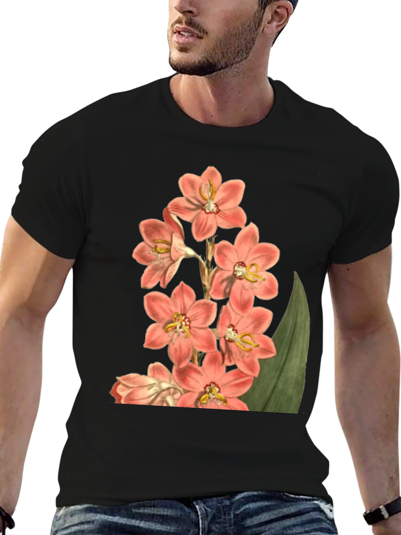 Floral Print T-Shirt - Black Cotton Blend