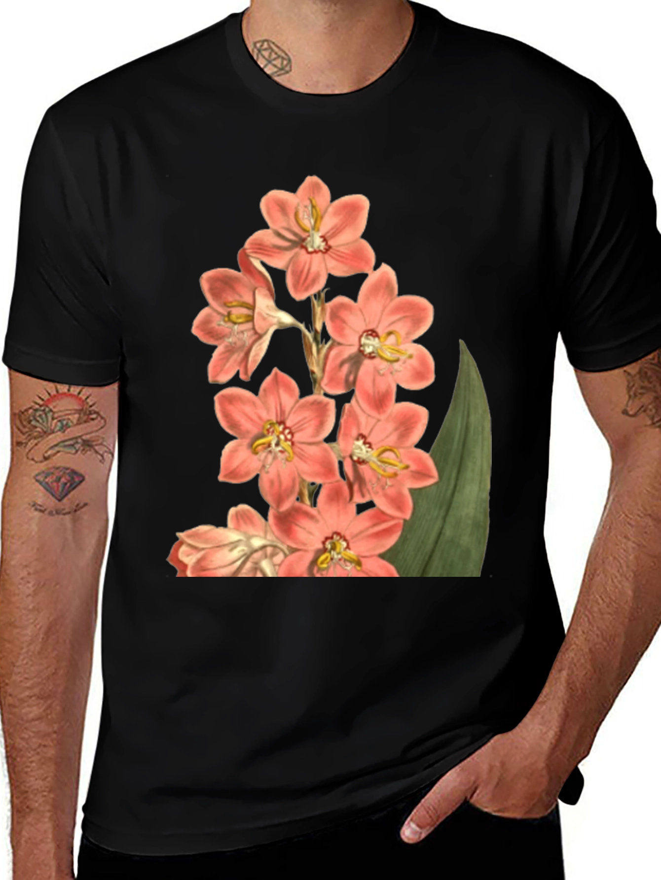 Floral Print T-Shirt - Black Cotton Blend