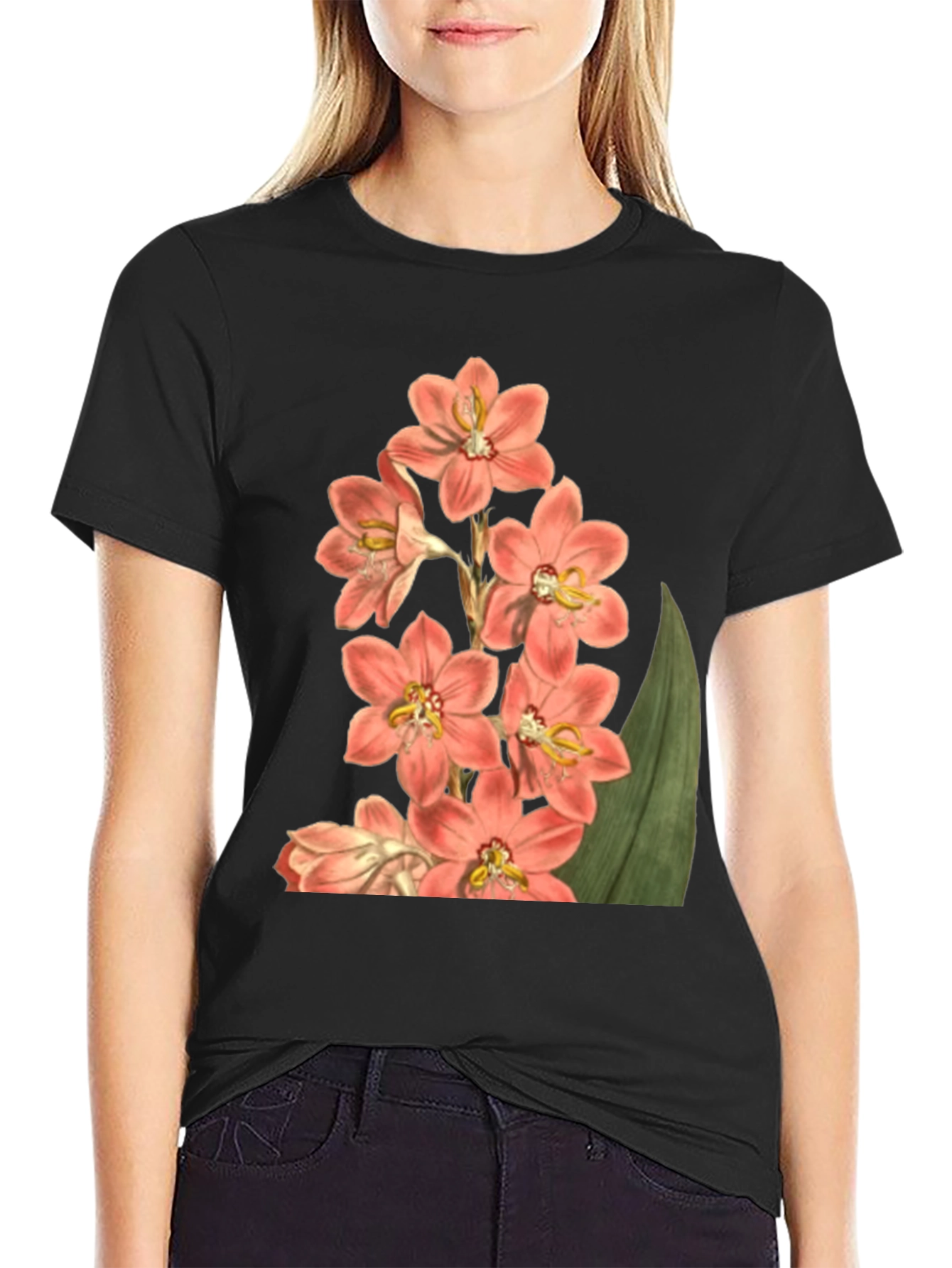 Floral Print T-Shirt - Black Cotton Blend