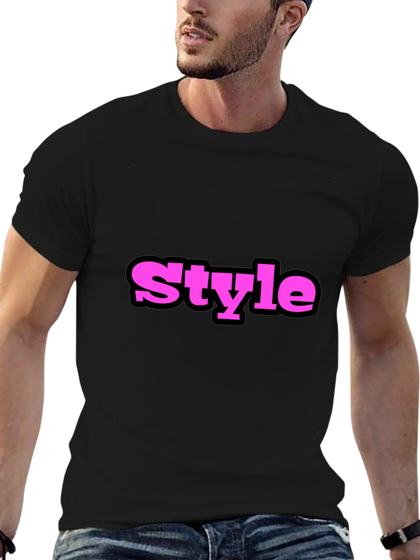 Stylish Black T-Shirt with Bold Pink Style Print