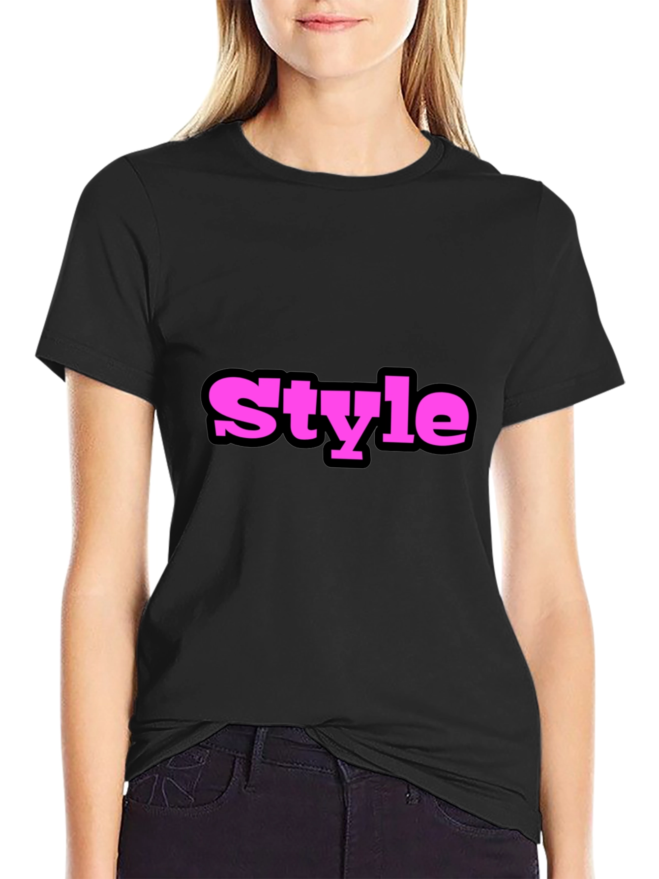 Stylish Black T-Shirt with Bold Pink Style Print