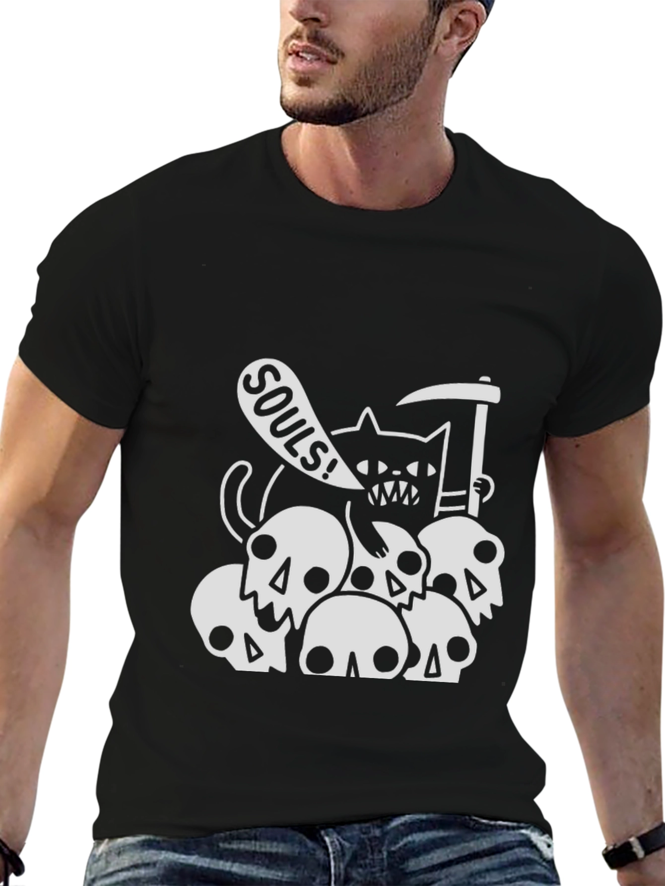 Grim Reaper Cat on Skulls T-Shirt - Black