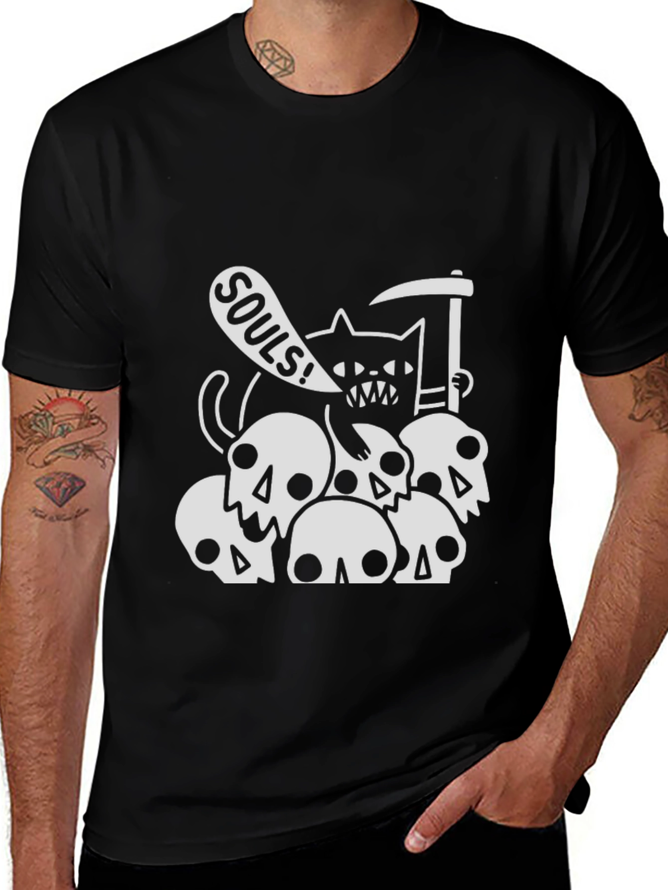 Grim Reaper Cat on Skulls T-Shirt - Black
