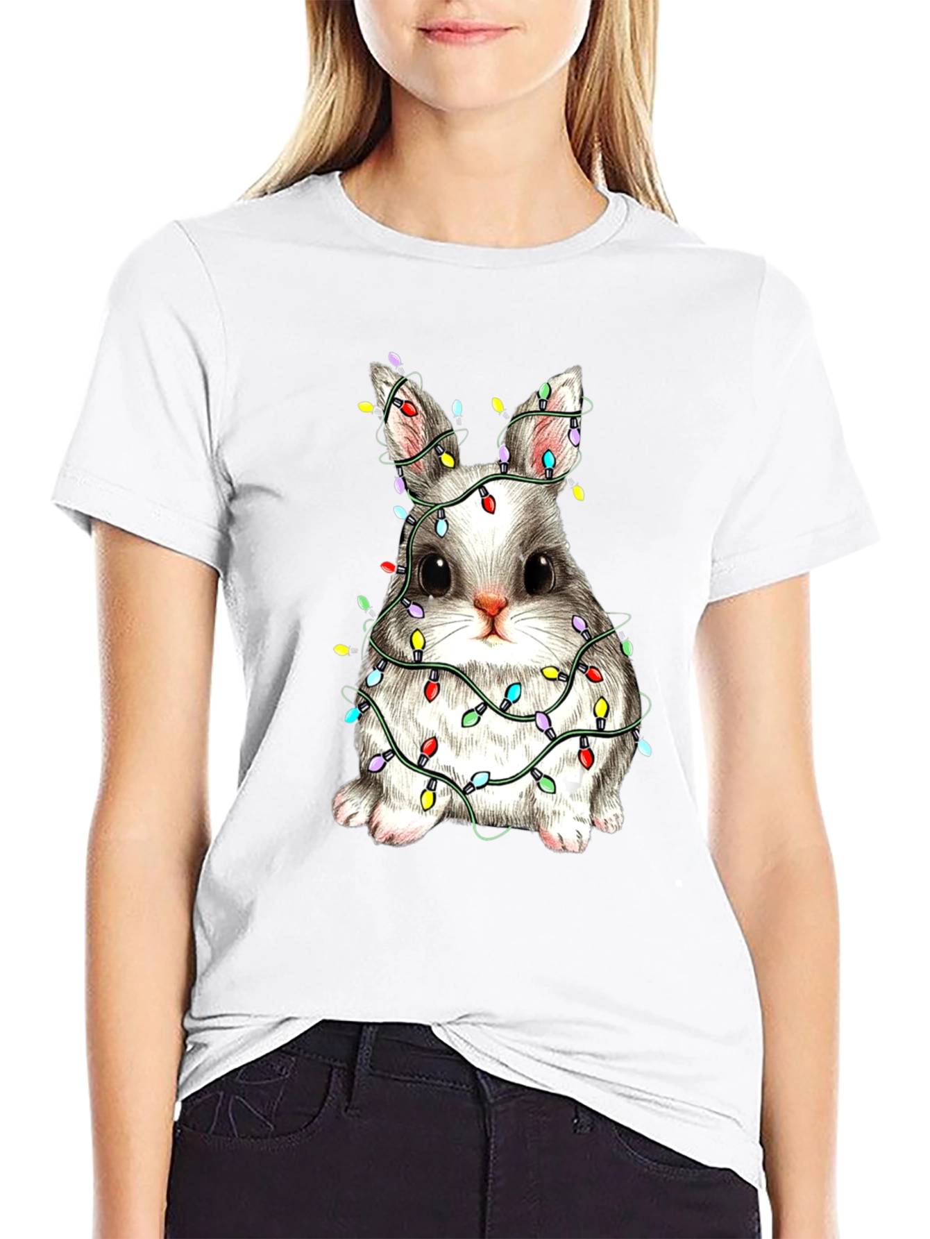 Festive Bunny T-Shirt - Holiday Lights Design