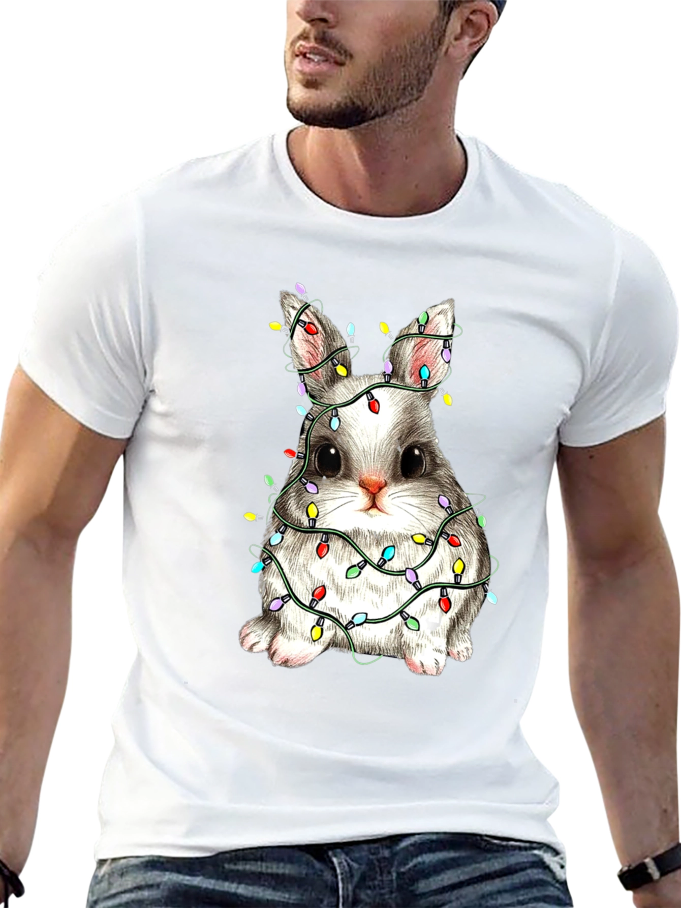 Festive Bunny T-Shirt - Holiday Lights Design
