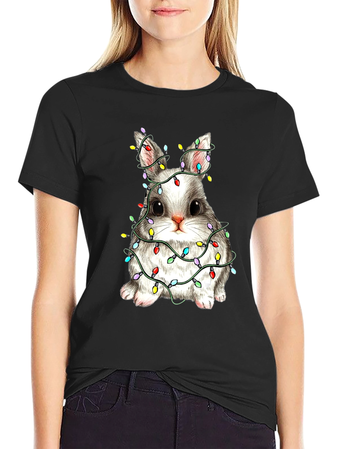 Festive Bunny T-Shirt - Holiday Lights Design