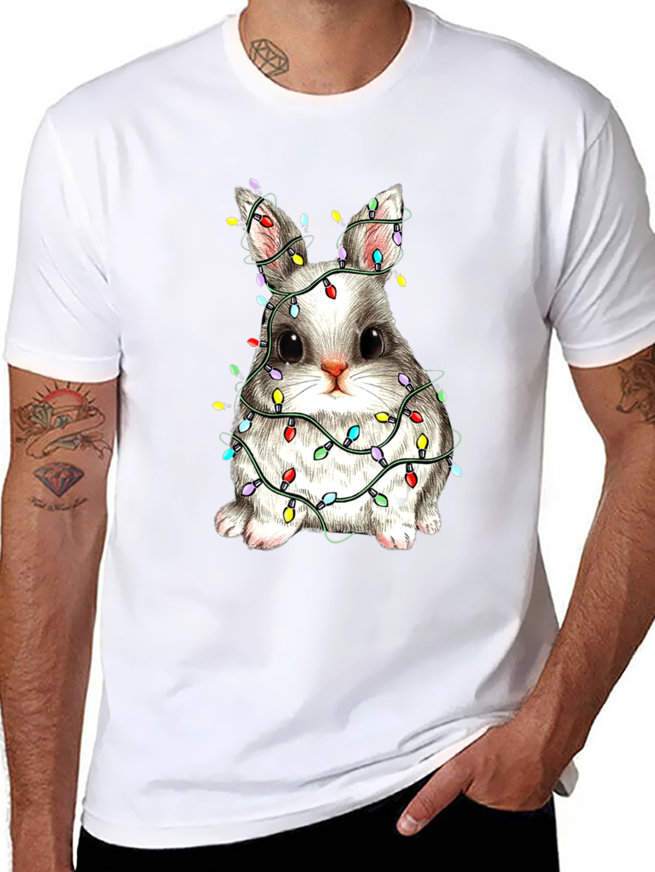 Festive Bunny T-Shirt - Holiday Lights Design