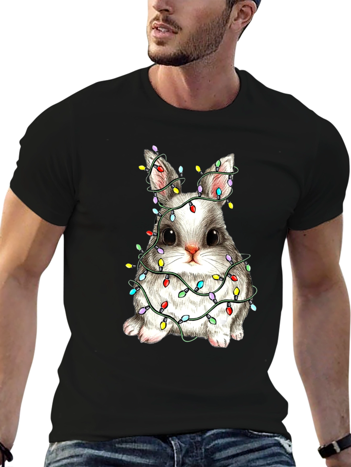Festive Bunny T-Shirt - Holiday Lights Design