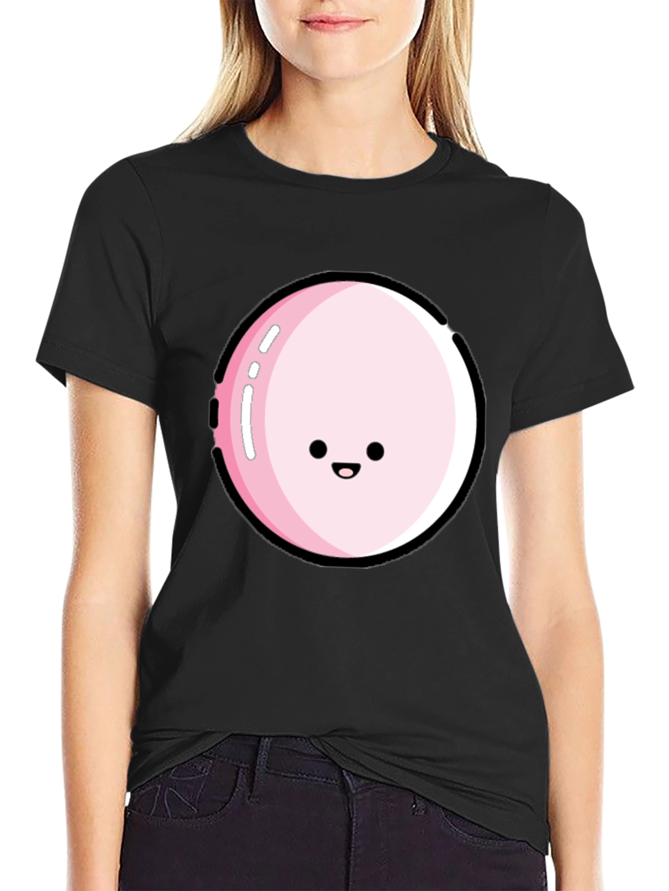 Kawaii Pink Bubble Face Black T-Shirt