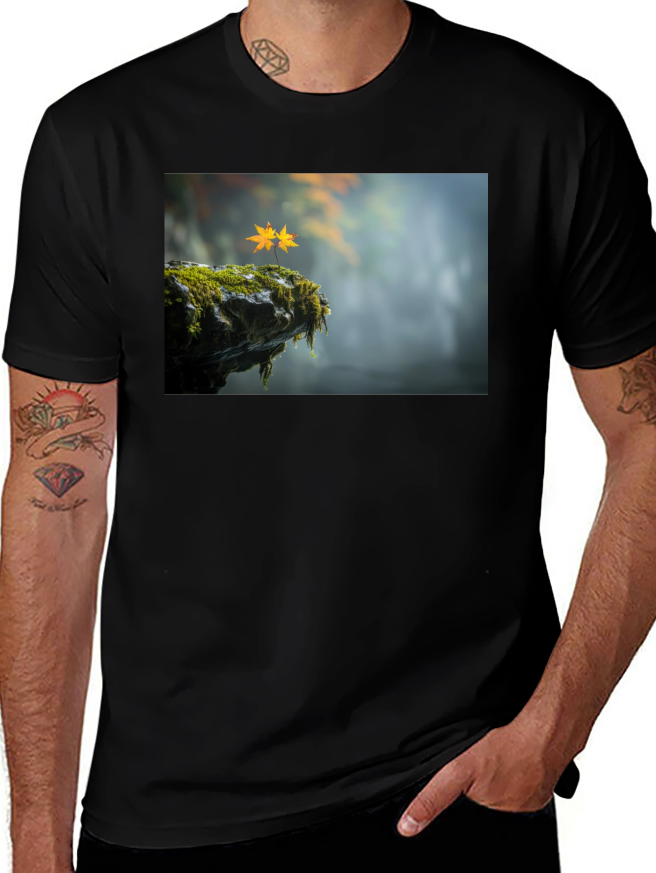 Natures Edge T-Shirt - Mossy Cliff & Maple Leaves
