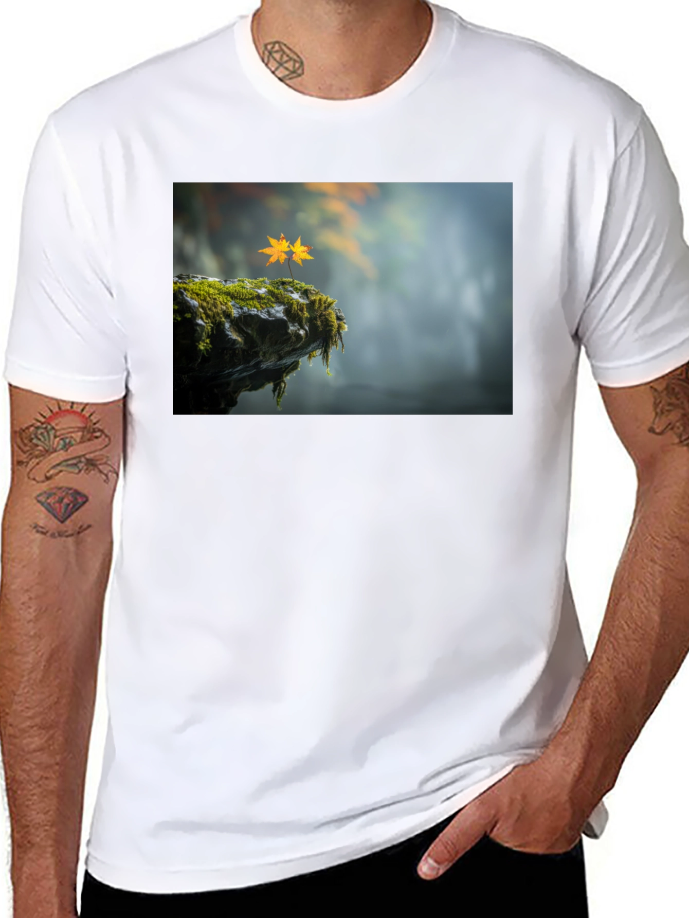 Natures Edge T-Shirt - Mossy Cliff & Maple Leaves