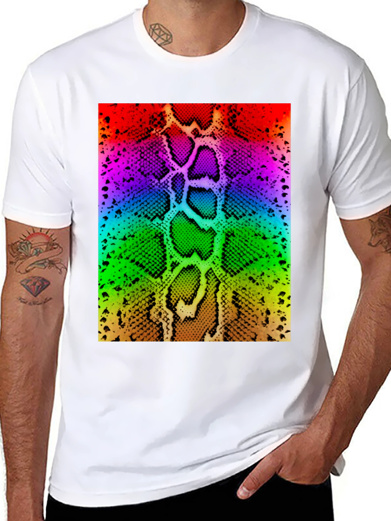 Rainbow Snake Skin Print Black T-Shirt