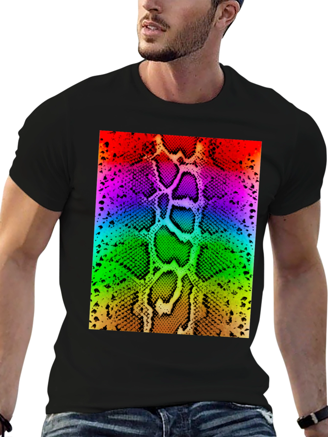 Rainbow Snake Skin Print Black T-Shirt