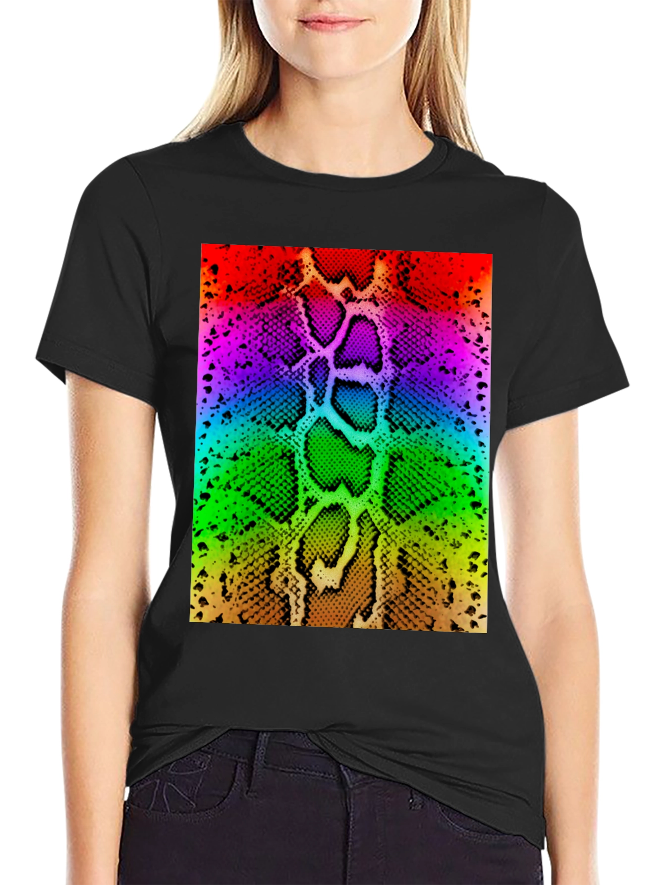 Rainbow Snake Skin Print Black T-Shirt