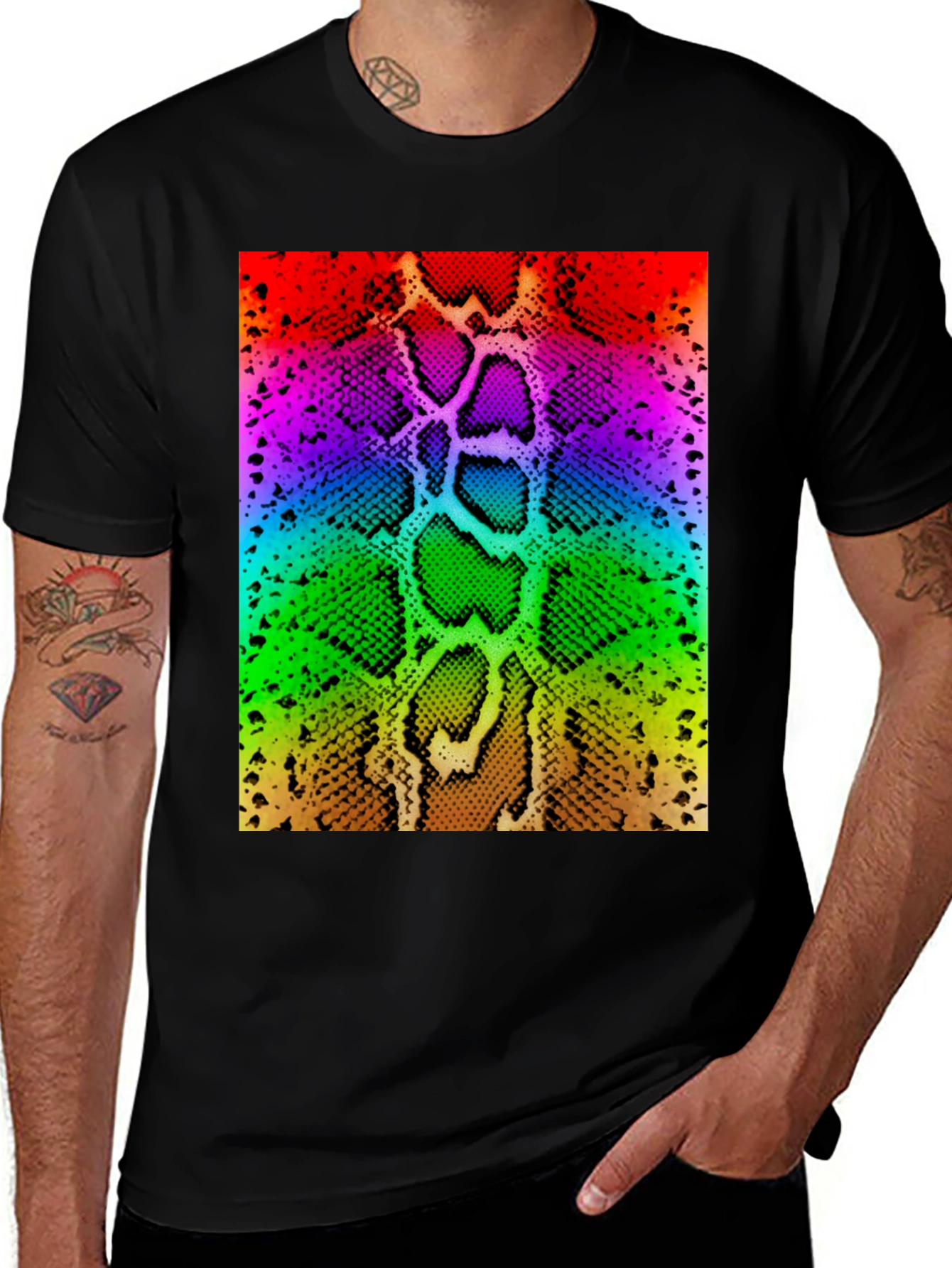 Rainbow Snake Skin Print Black T-Shirt