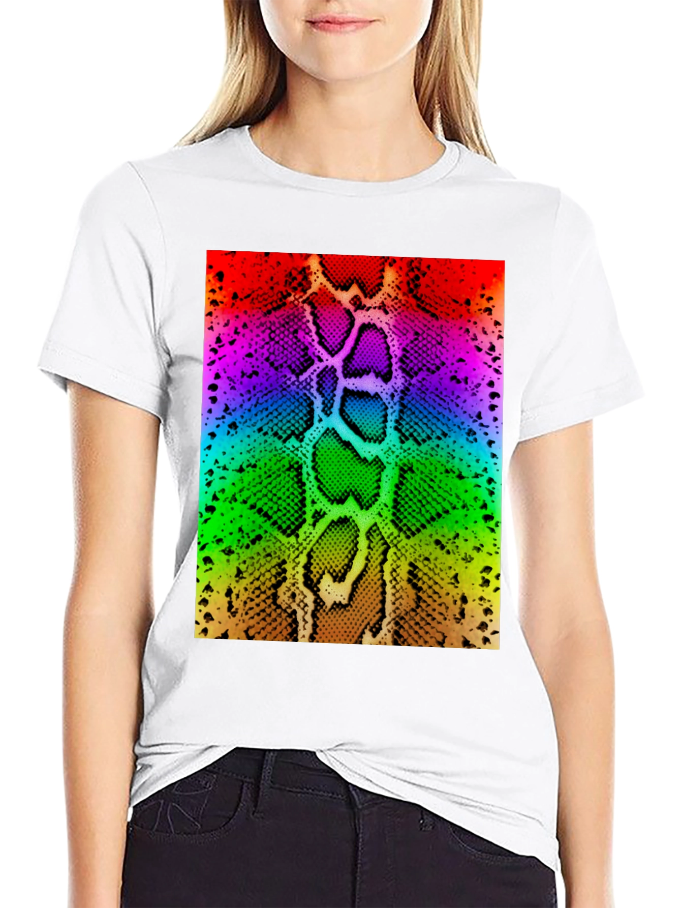 Rainbow Snake Skin Print Black T-Shirt