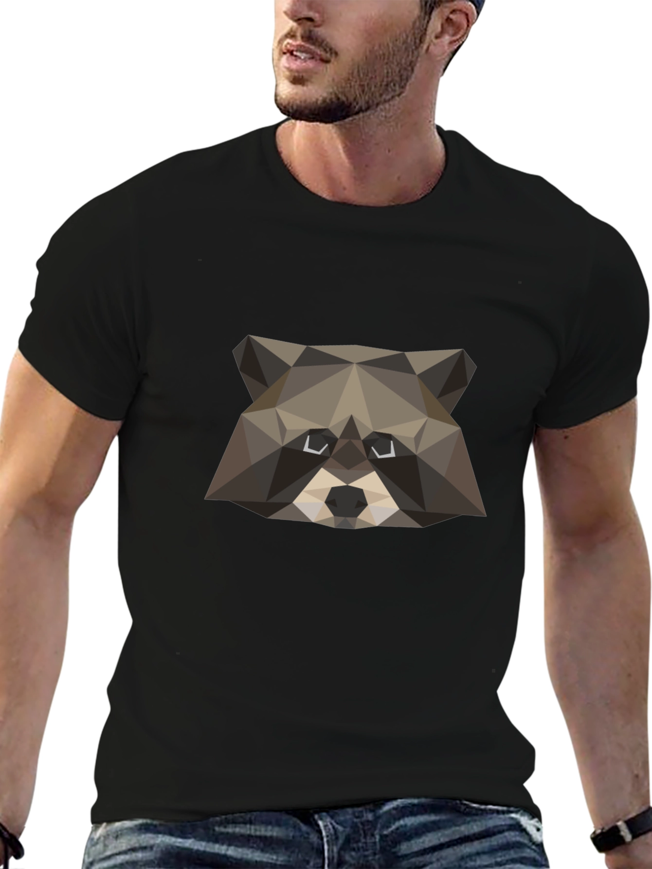 Geometric Raccoon Graphic Tee - Black Crew Neck