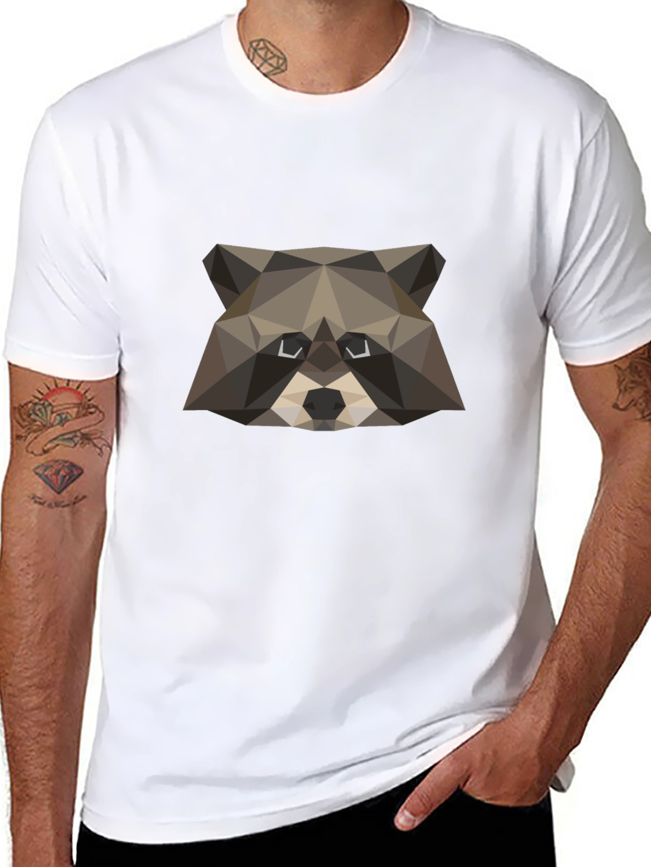 Geometric Raccoon Graphic Tee - Black Crew Neck