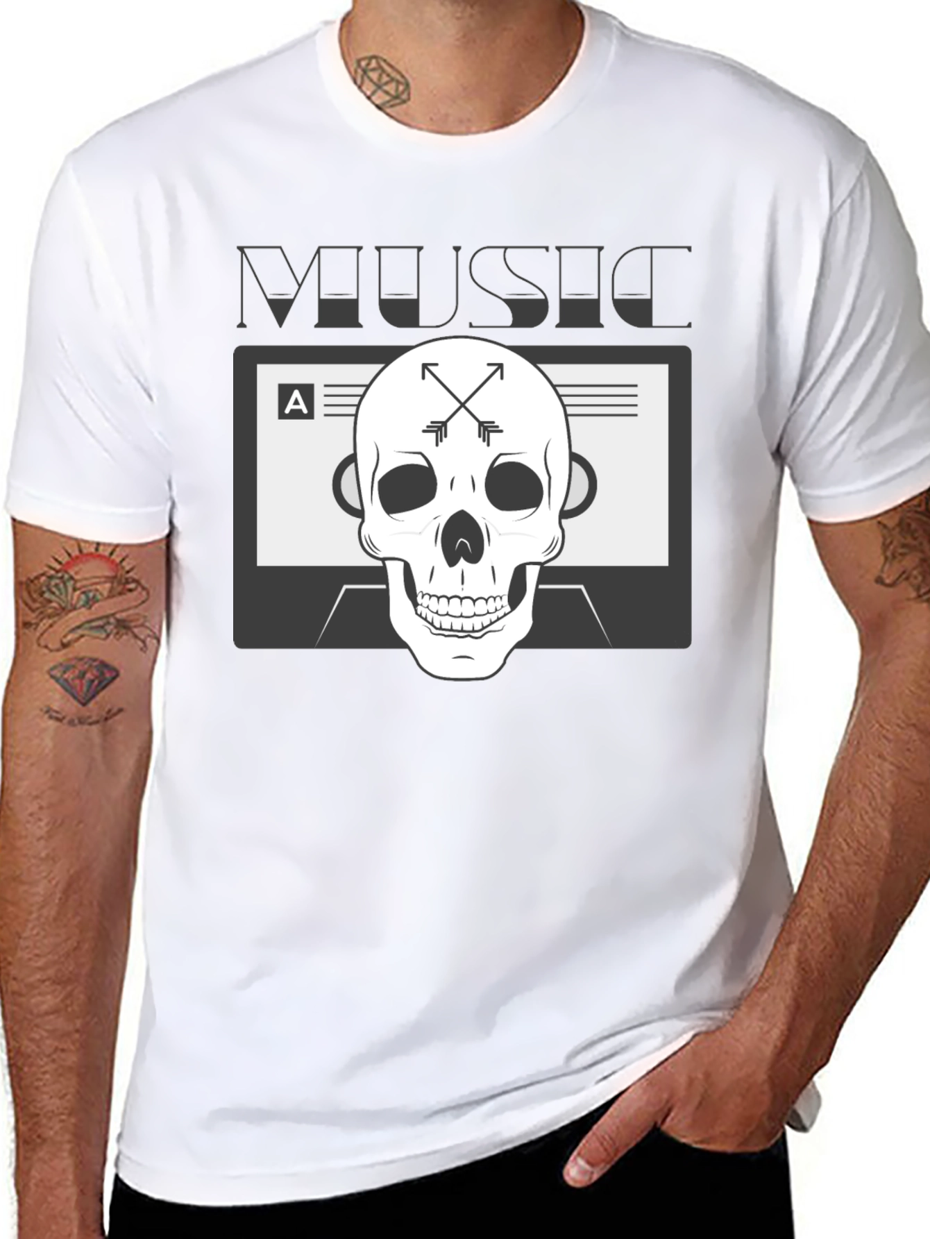 Music Skull Graphic Tee - Black Cotton Blend T-Shirt