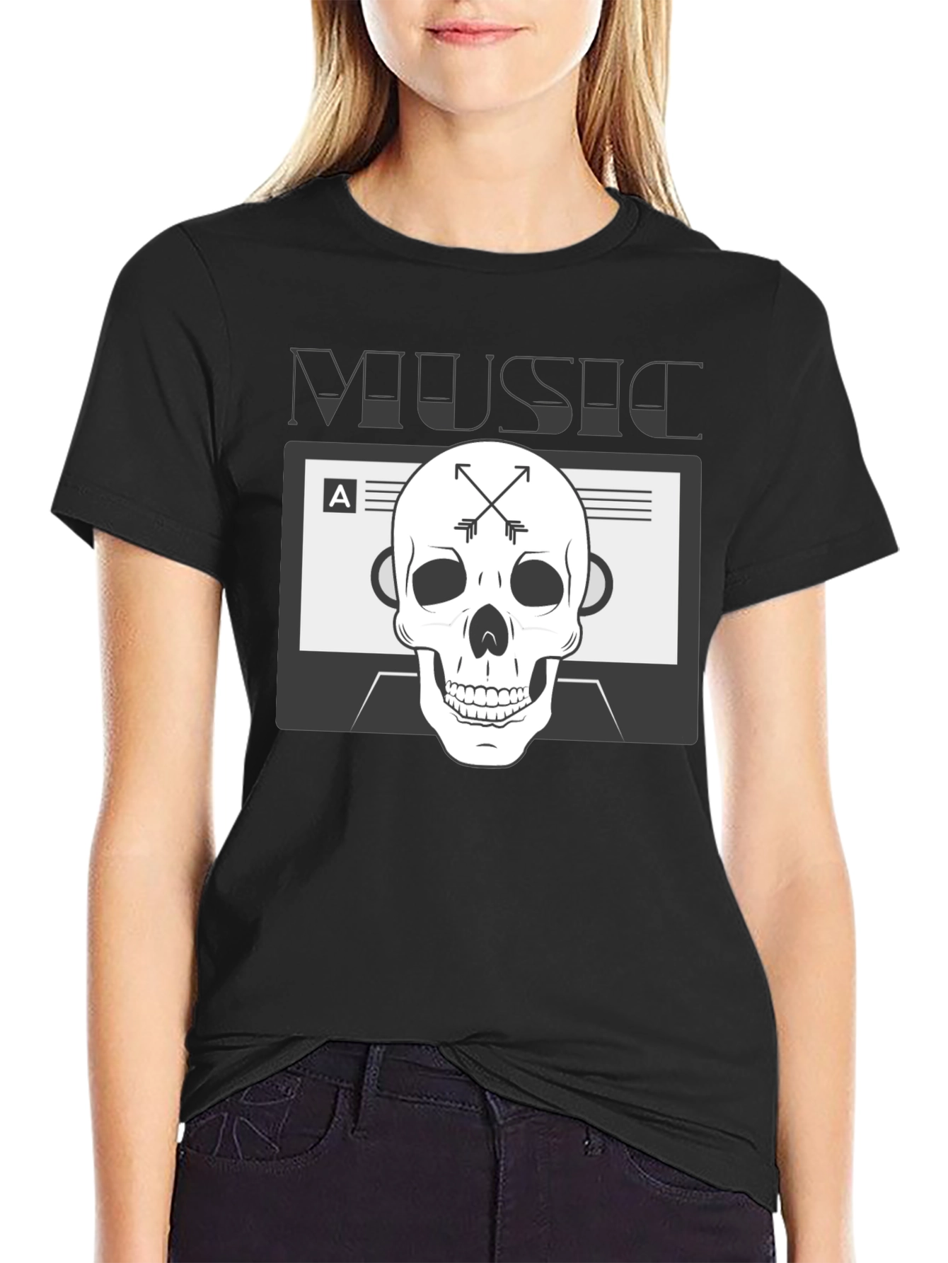 Music Skull Graphic Tee - Black Cotton Blend T-Shirt