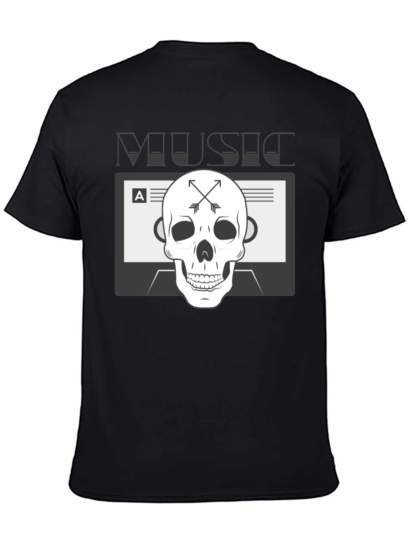 Music Skull Graphic Tee - Black Cotton Blend T-Shirt