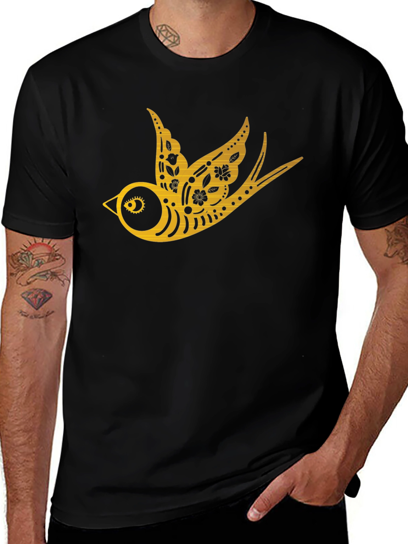 Mens Black T-Shirt with Golden Swallow Design