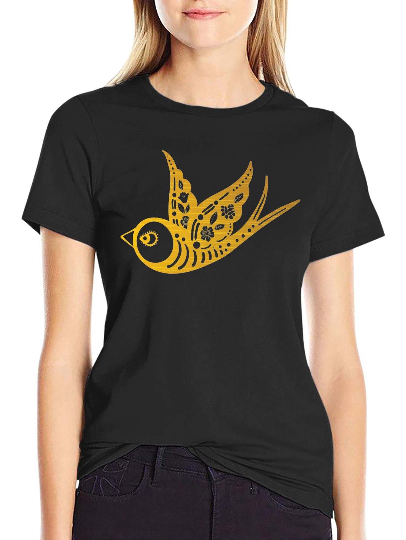 Mens Black T-Shirt with Golden Swallow Design
