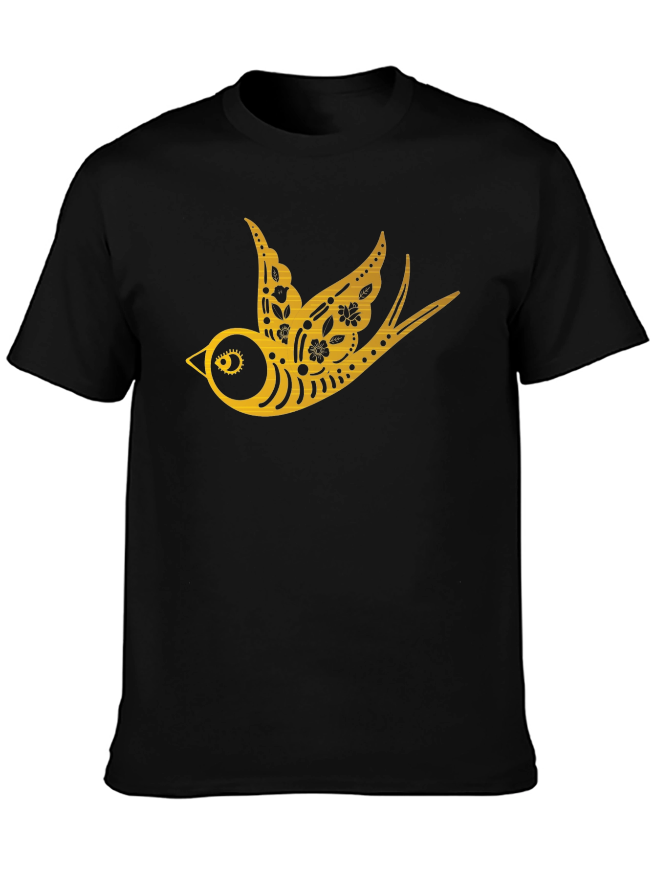 Mens Black T-Shirt with Golden Swallow Design