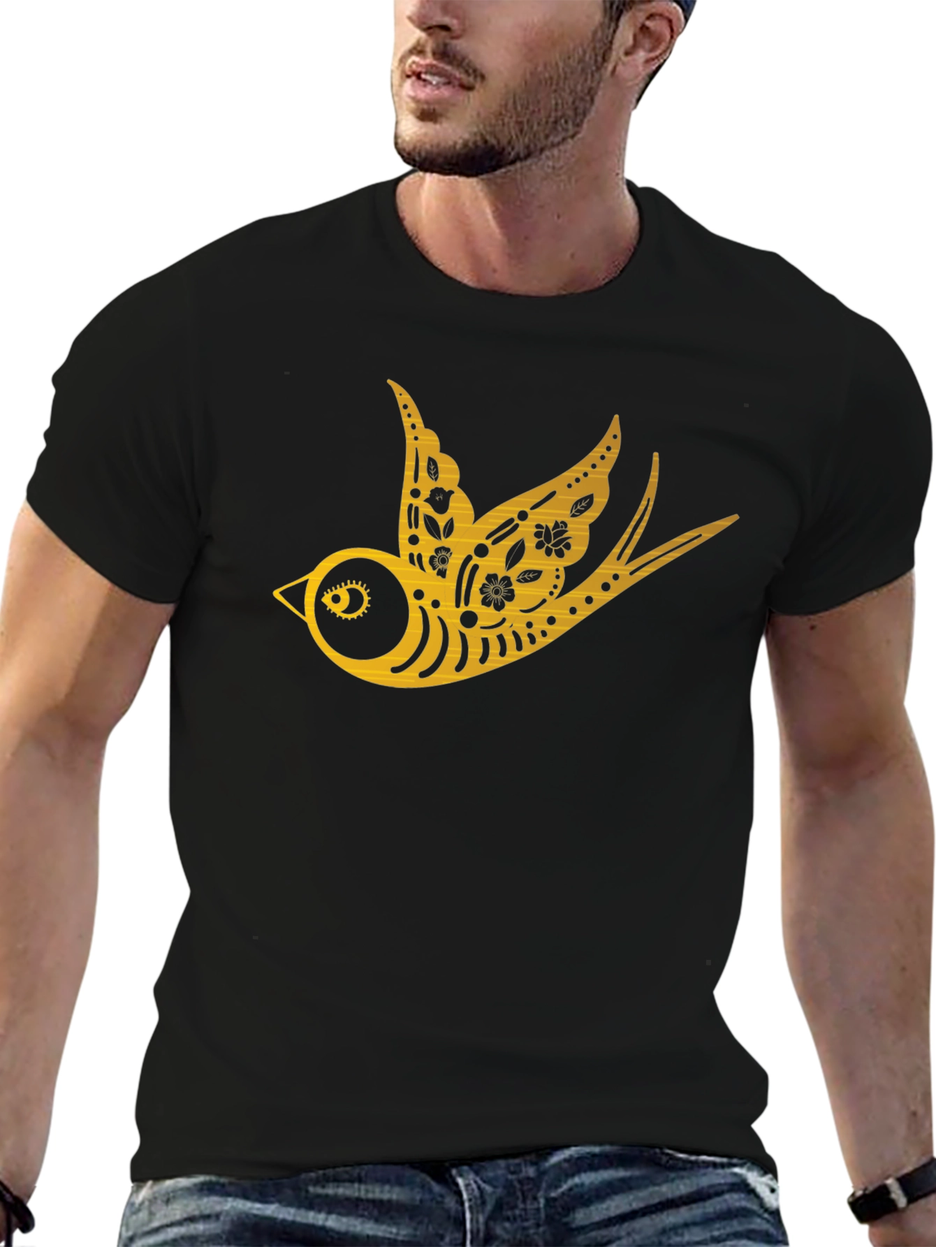 Mens Black T-Shirt with Golden Swallow Design