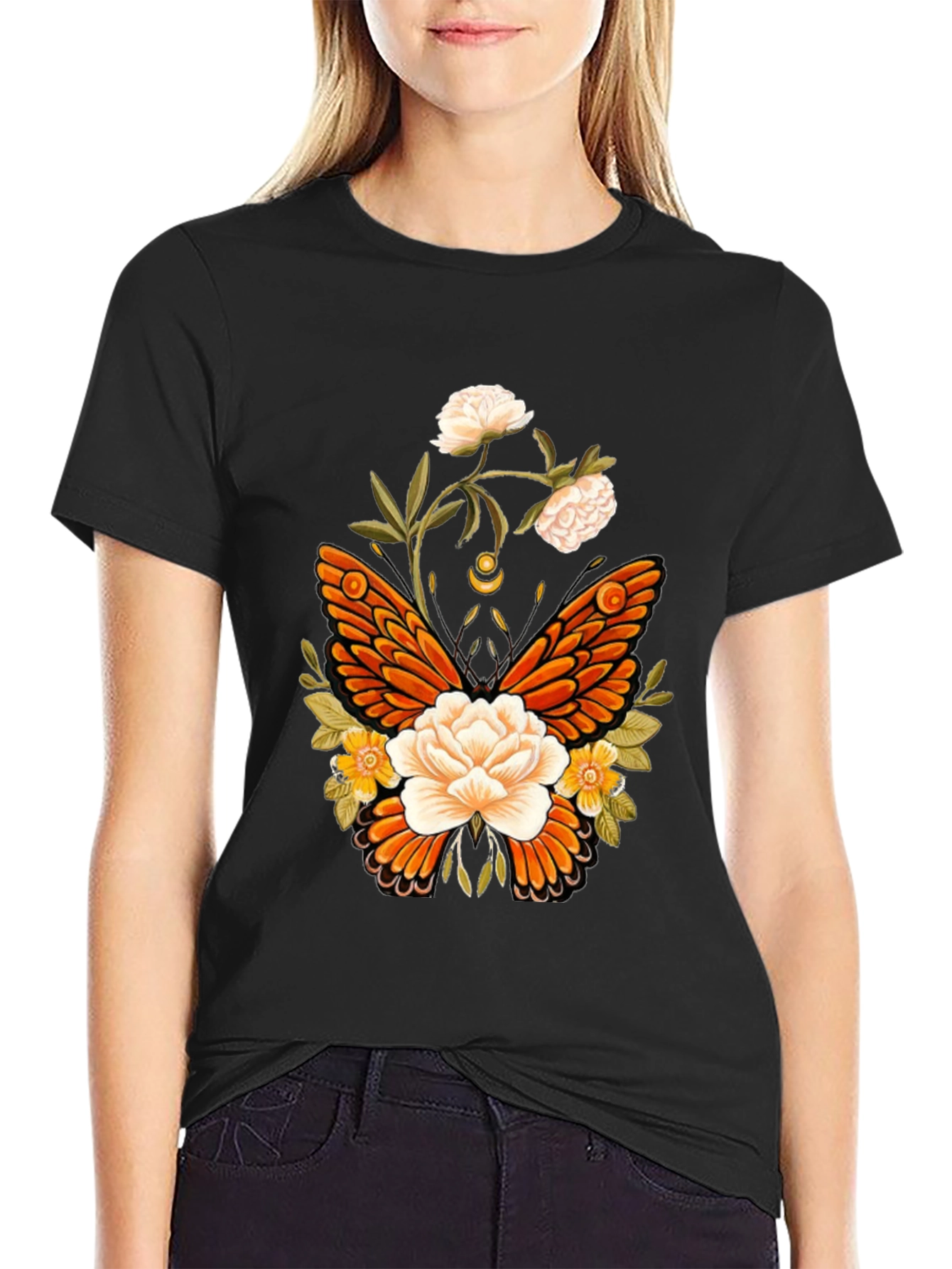 Floral Butterfly Graphic T-Shirt - Black