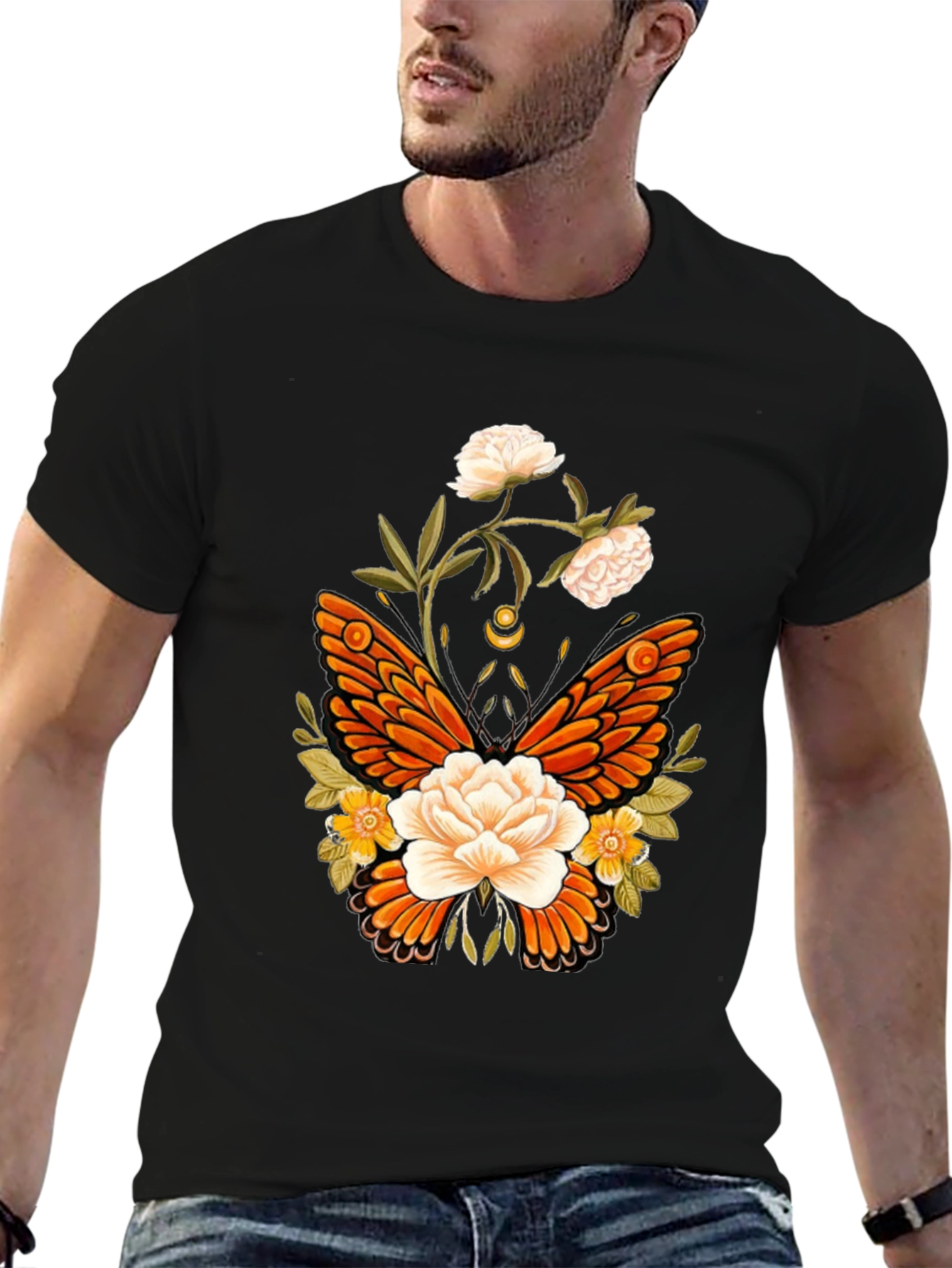 Floral Butterfly Graphic T-Shirt - Black