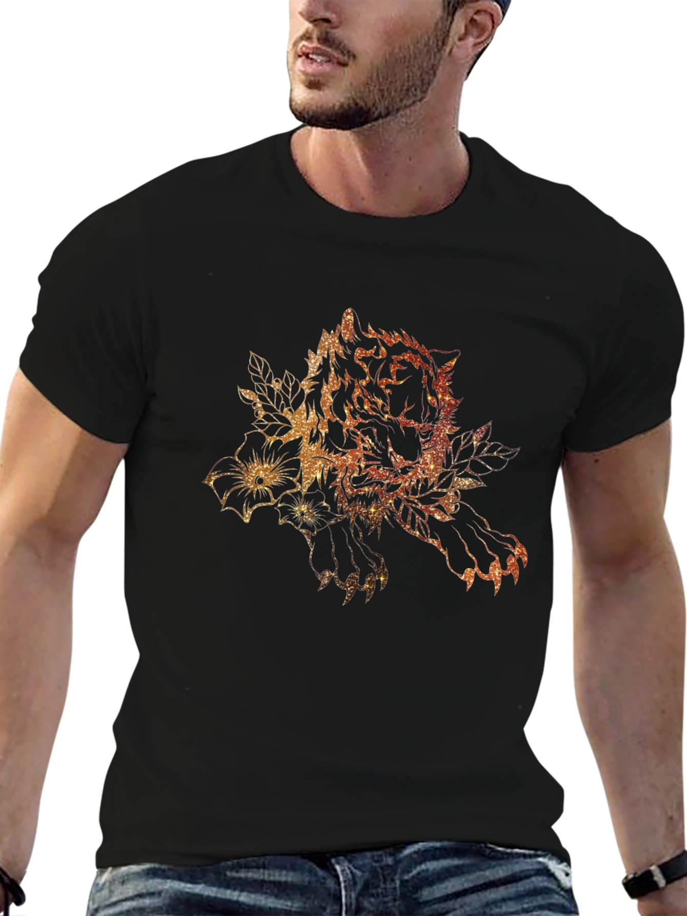 Tiger Floral Print Black Graphic Tee