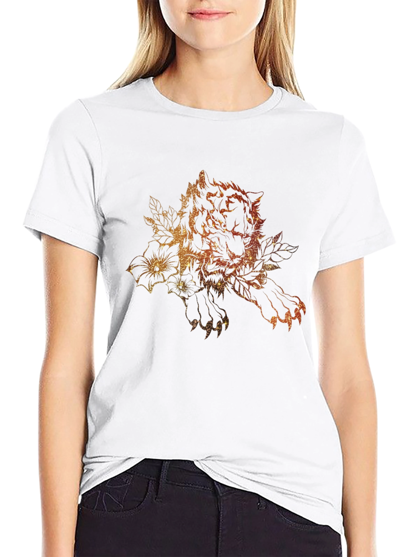 Tiger Floral Print Black Graphic Tee