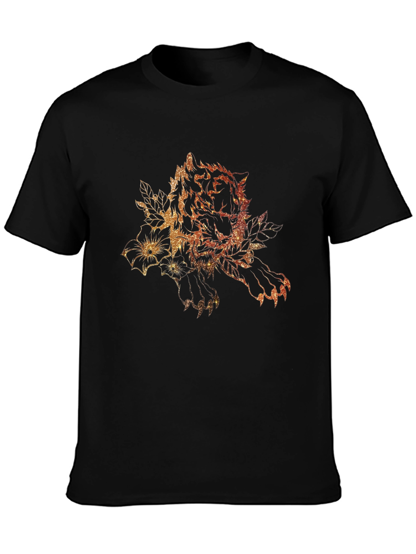 Tiger Floral Print Black Graphic Tee